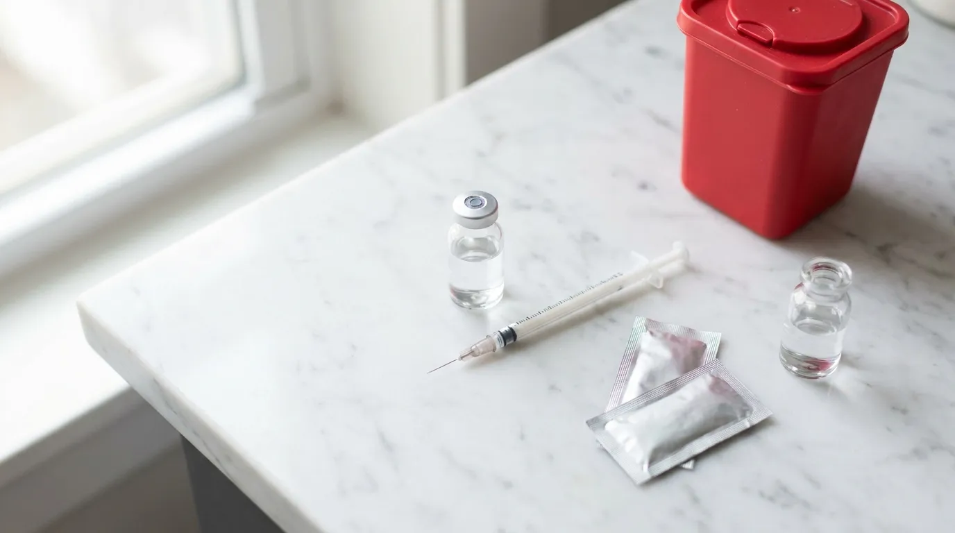 A clean home injection setup on a white marble surface: a small clear glass vial of clear liquid, an insulin syringe with an ultra-fine needle, two sealed alcohol prep pads, a vial of clear water, and a red sharps disposal container in the corner.