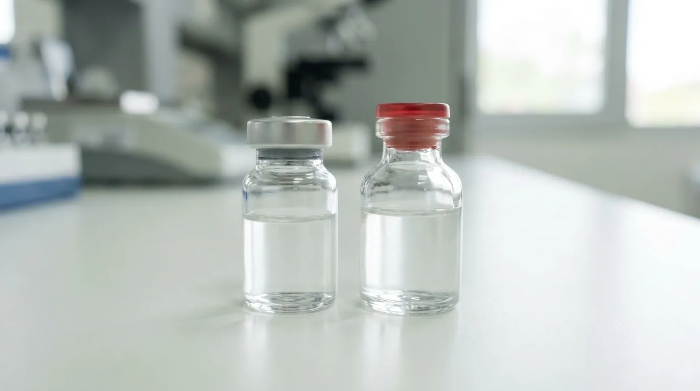 Two unlabeled glass medication vials side by side on a clean white clinical surface, one a finished pharmaceutical vial with a crimped cap, the other a plain research-grade vial with a rubber stopper, soft daylight, no text or logos.