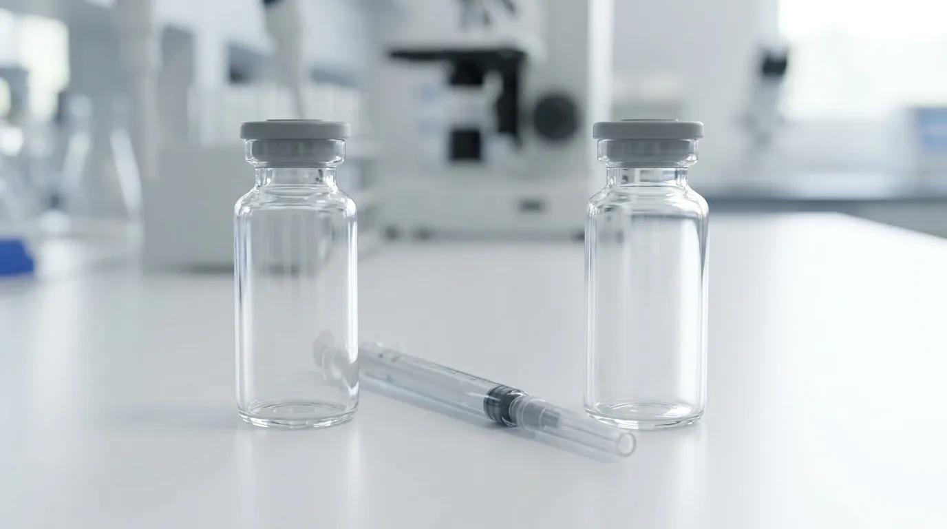 Two identical unlabeled clear glass medical vials with grey stoppers standing side by side on a clean white laboratory surface with a thin reconstitution syringe between them, soft daylight, no text or logos.