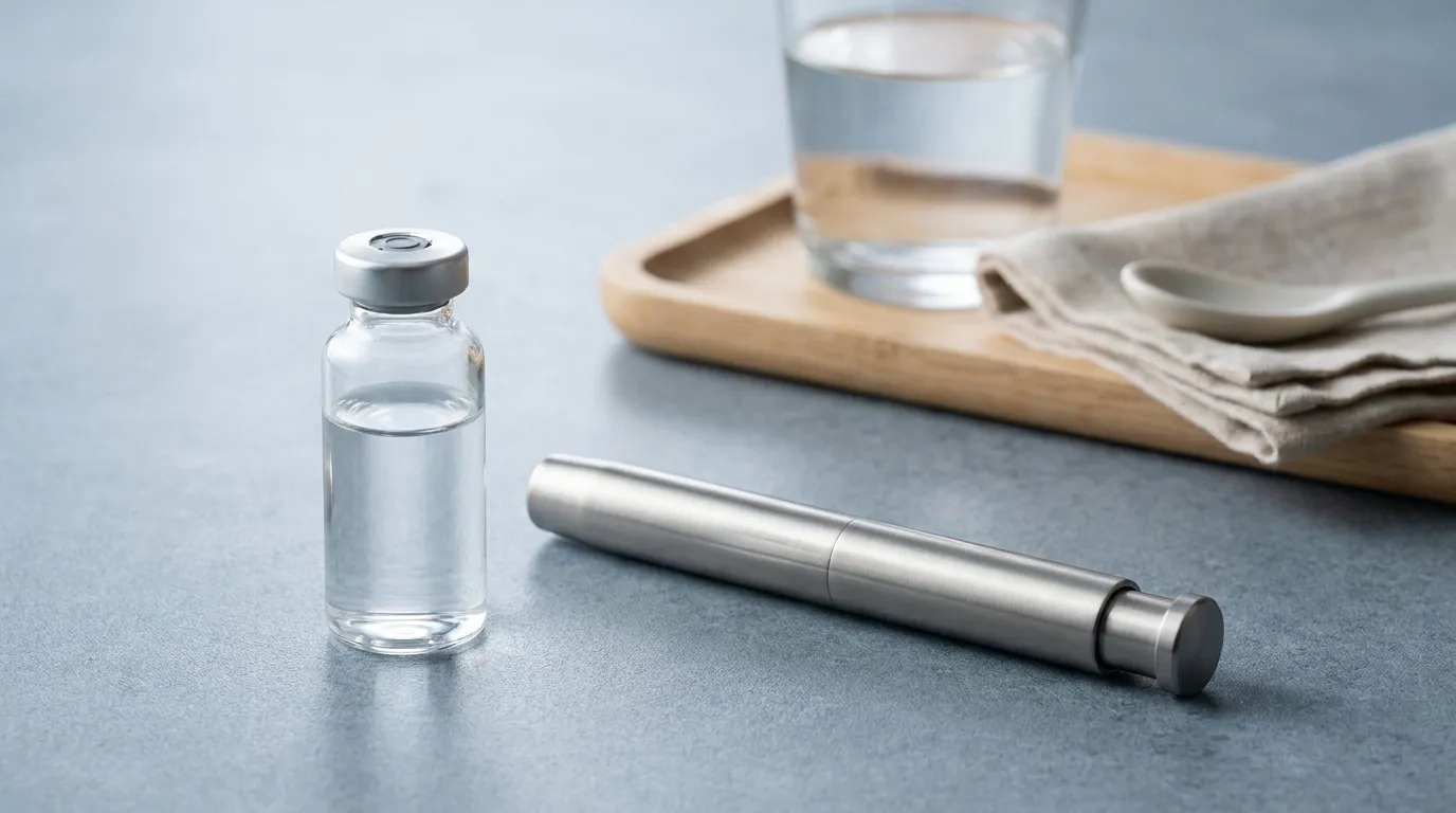 A single unlabeled clear glass medical vial of colorless injectable solution beside a slim unbranded metal auto-injector pen and a glass of water on a clean cool-grey clinical surface under soft studio lighting.