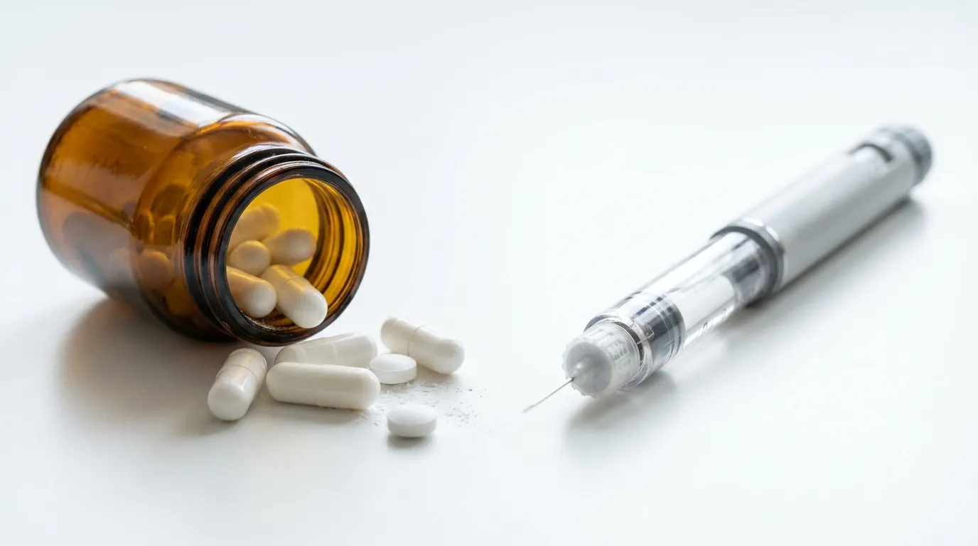 An amber glass bottle with white oral capsules spilling out on the left, and a single fine-gauge subcutaneous injection pen lying parallel on the right, on a clean white clinical surface in soft daylight, no text or logos.