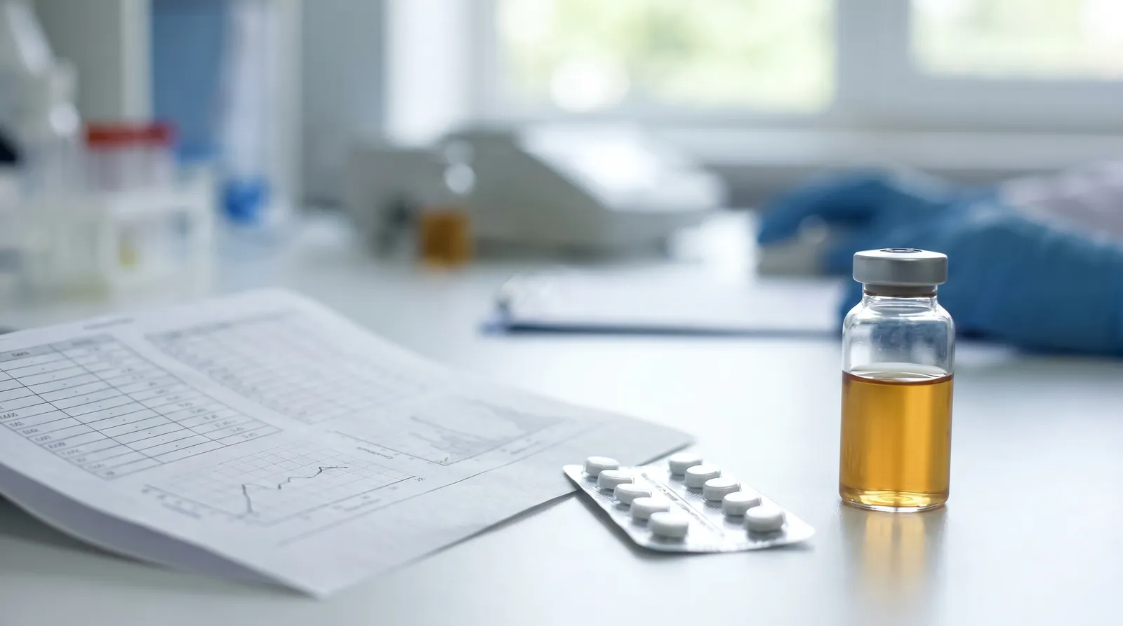 A printed blood-test lab report sheet, a small unlabeled silver blister pack of round white pills, and a clear glass vial of amber oil with a rubber stopper arranged on a clean white clinical surface with soft blue medical tones in the blurred background.