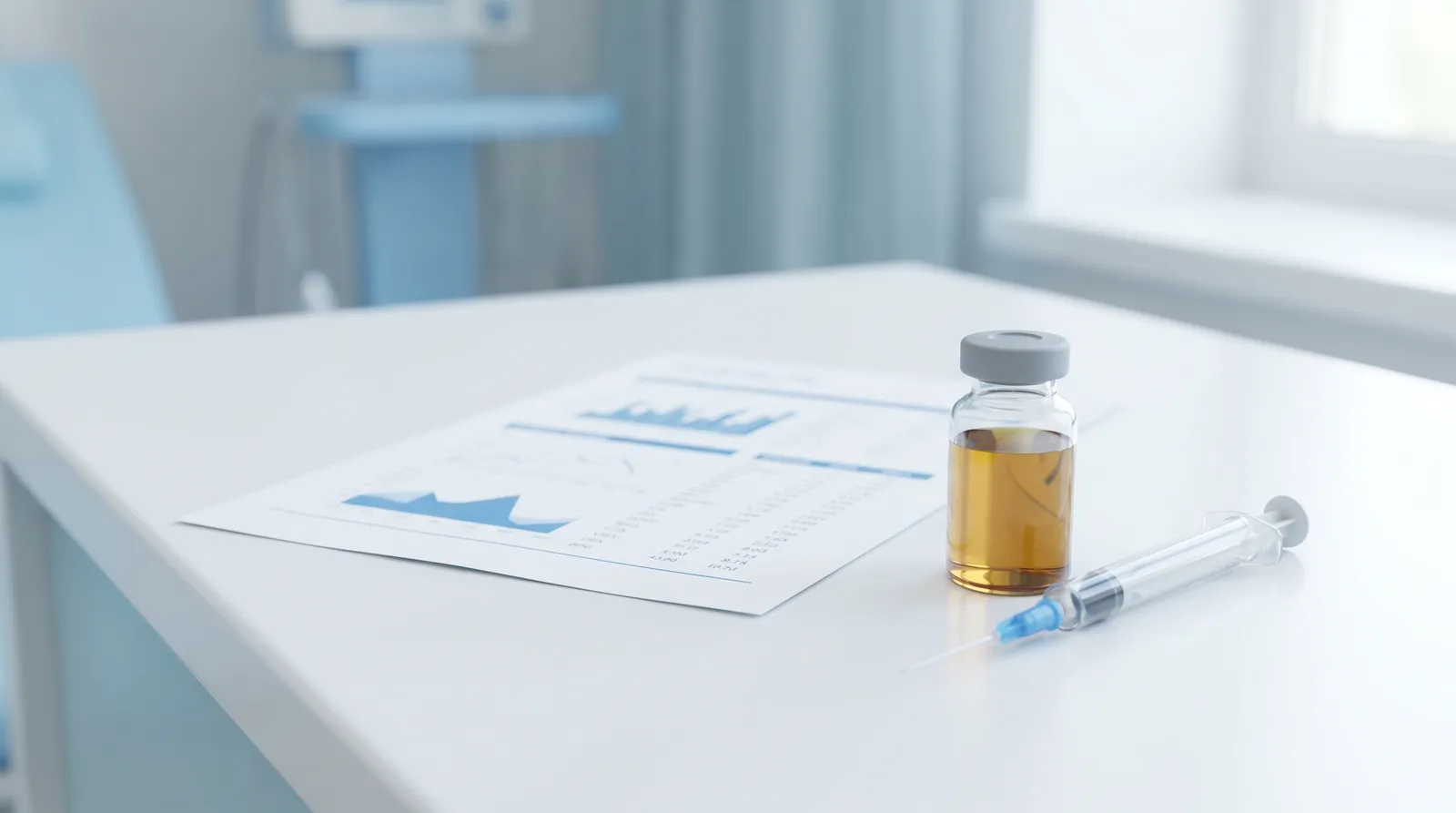 A clean clinical still-life of a printed complete blood count lab report lying beside a clear glass testosterone vial of amber oil and a capped syringe on a white surface in soft blue medical light.