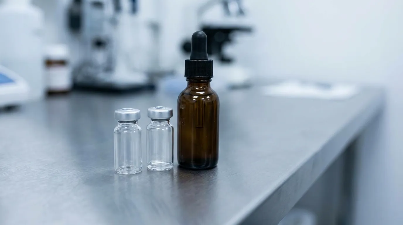 Two unlabeled clear glass vials and one small amber dropper bottle of clear liquid on a matte stainless steel laboratory bench, neutral clinical lighting, no text or logos.