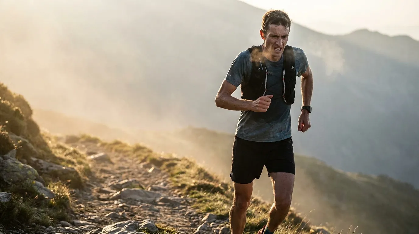 A lone endurance runner mid-stride on an empty mountain trail at sunrise, breathing hard in cool morning mist with golden backlight.