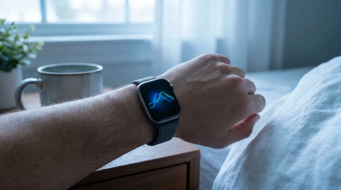 A person's wrist wearing a modern fitness smartwatch on a calm bedside table at dawn, the screen showing a glowing heart-rate-variability waveform, soft cool morning light.