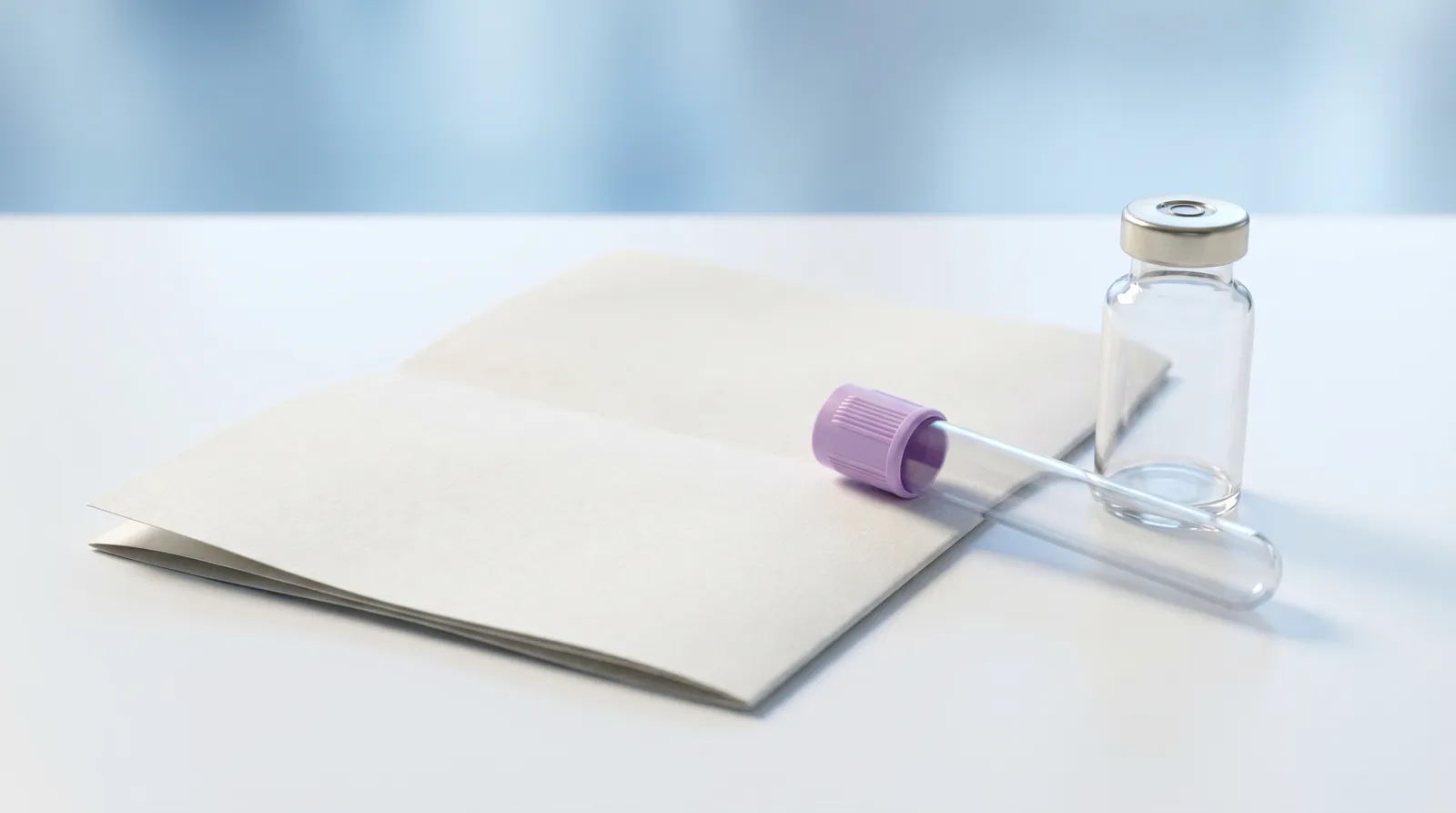 A blank lab report sheet resting on a clean white surface beside a capped blood collection tube and a glass vial under soft blue clinical light.