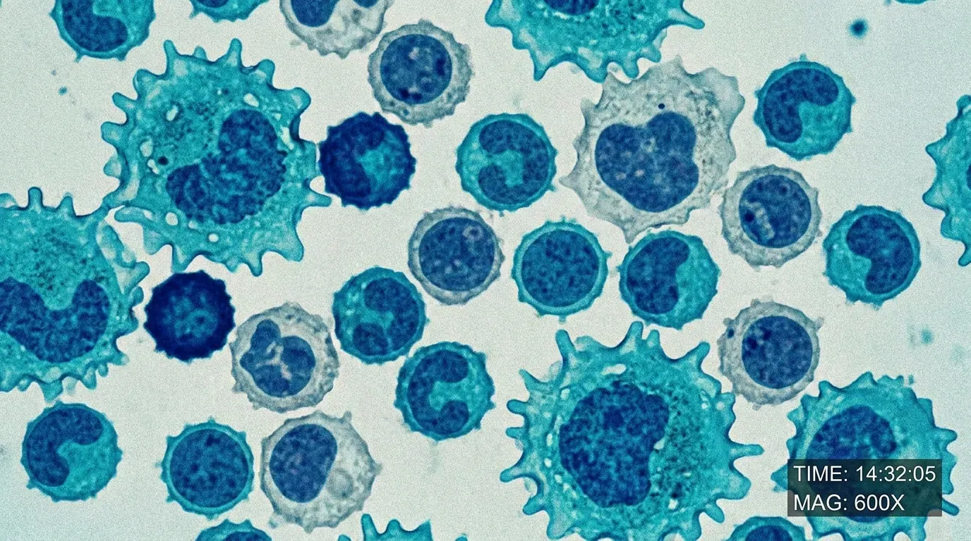 A scientific macro visualization of human T-cells and immune cells, translucent rounded cells with textured surfaces in deep blue and amber tones against a dark field, photoreal microscopy style with no text or logos.