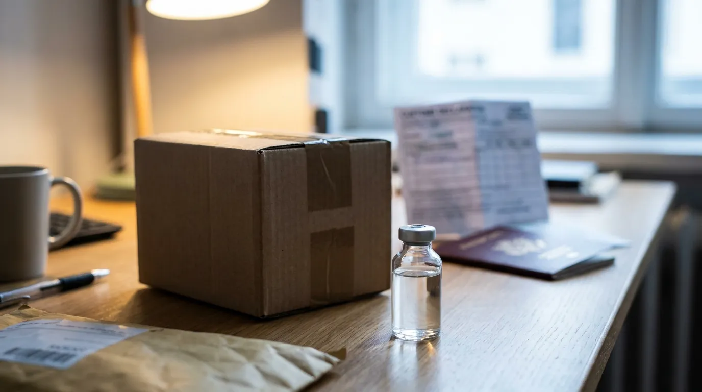 A pharmaceutical vial beside a sealed cardboard shipping parcel with a blurred passport and customs form on a desk, illustrating international shipping and customs control of medicine.