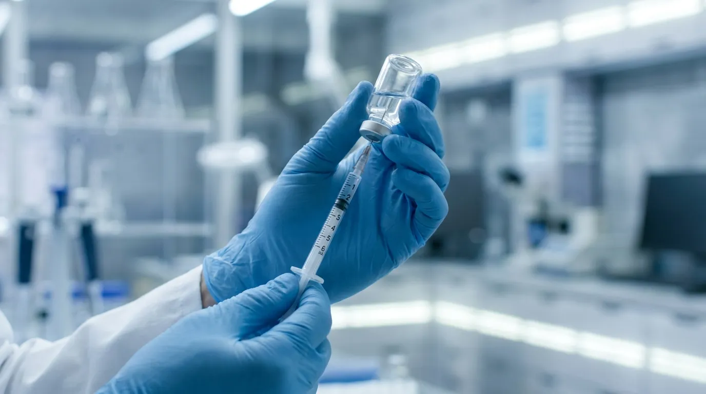 A photorealistic close-up of a researcher's gloved hands holding an insulin syringe and a small glass vial of clear liquid, drawing a precise small dose in a clean laboratory setting.