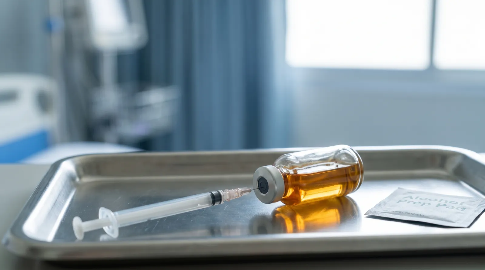 A small insulin-style syringe being prepared on a clean stainless steel medical tray beside a clear glass vial of amber oil and an alcohol swab, with soft blue clinical tones in the blurred background, illustrating right-sized dose and frequent injections as the first-line estradiol levers.