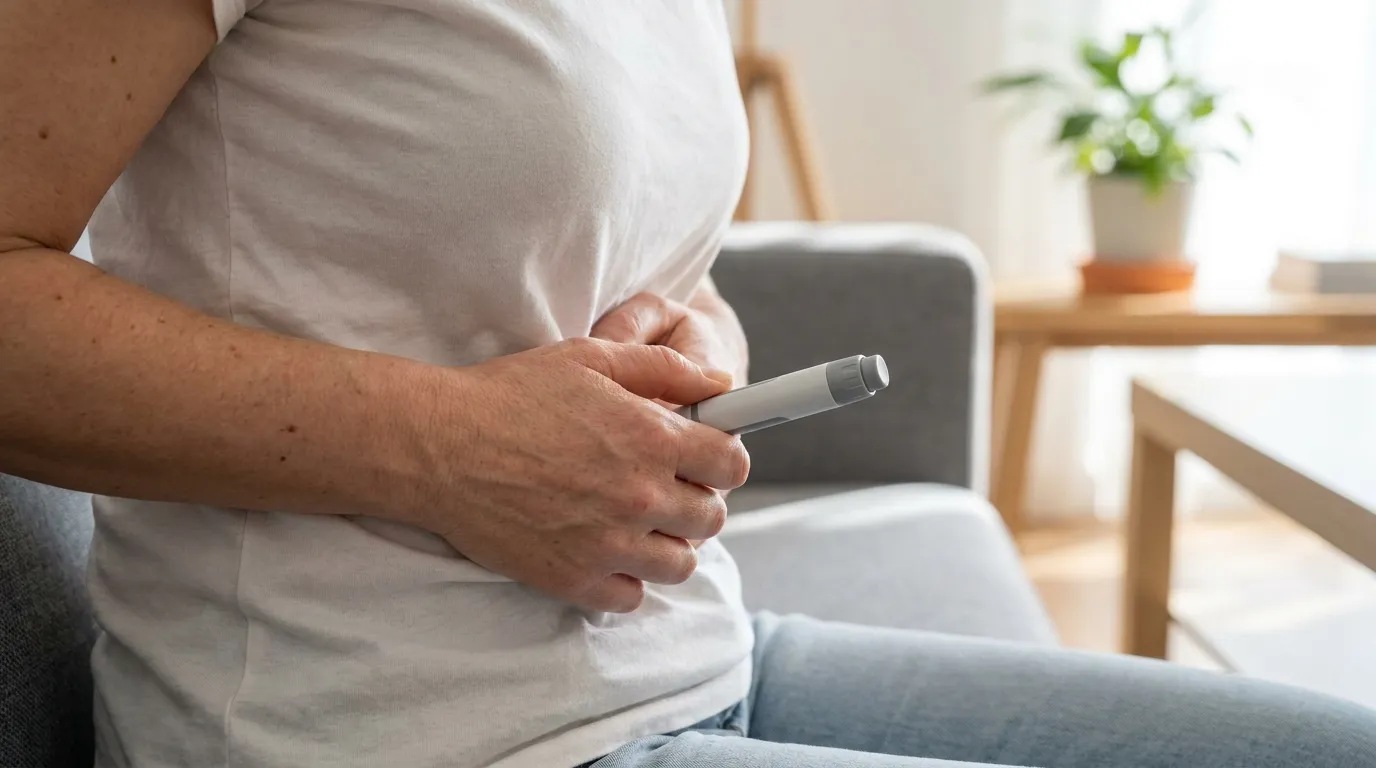 A close-up photoreal image of a person preparing a once-weekly subcutaneous injection at the abdomen in a clean home setting.