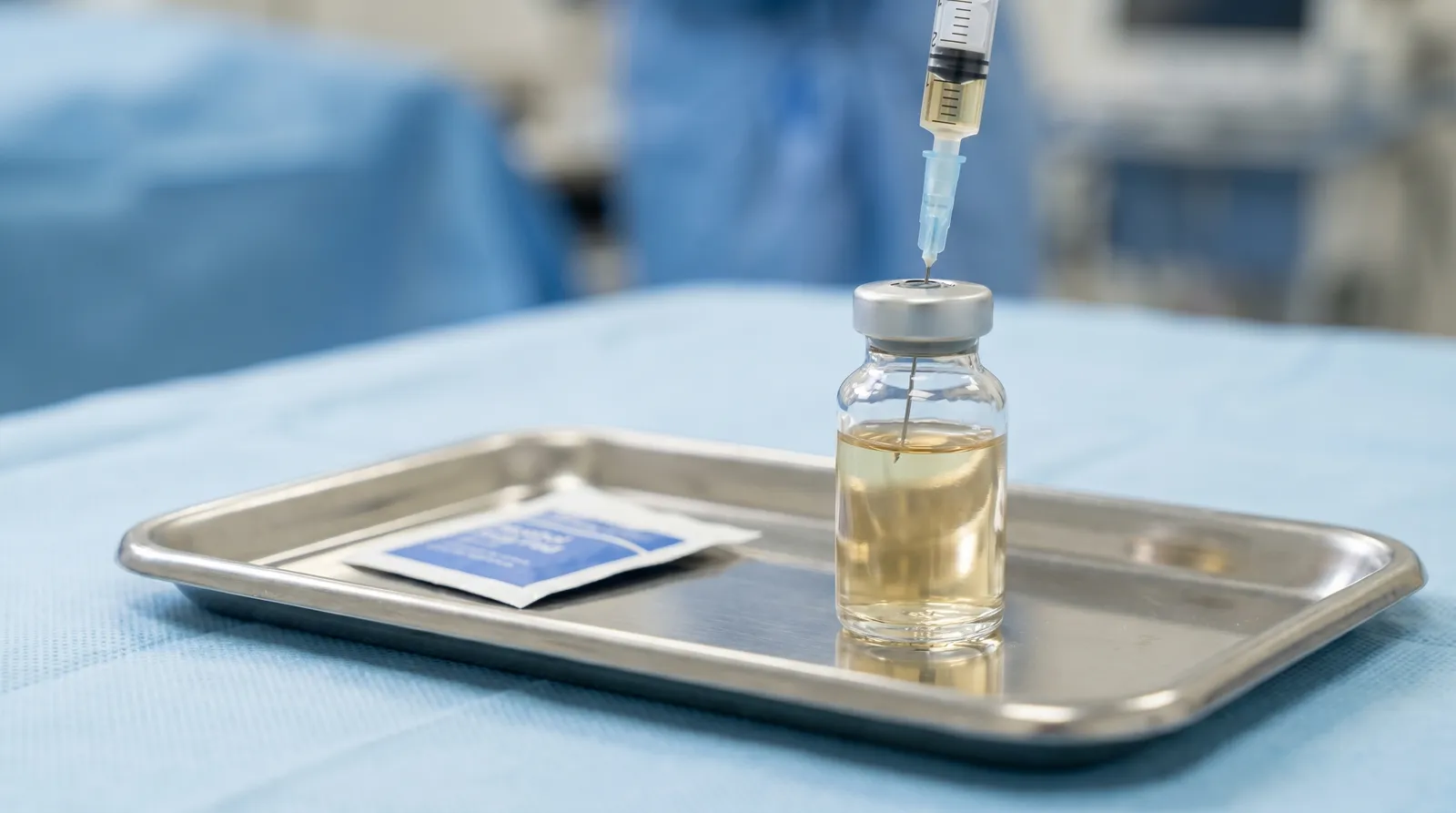 A fine-gauge syringe drawing pale golden oil from a small clear glass vial on a clean stainless steel tray beside an alcohol swab, in soft blue clinical light.