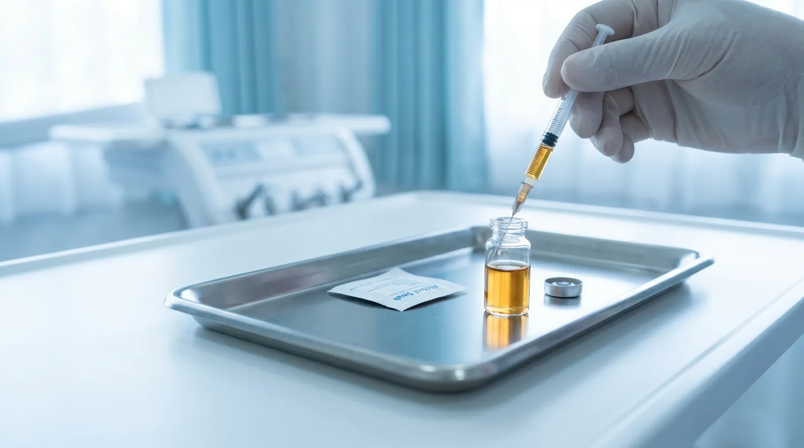 A close-up of a clean stainless steel medical tray holding a small syringe being filled from a clear glass vial of amber oil, with an alcohol swab and vial cap arranged neatly on a white clinical surface in soft blue light.