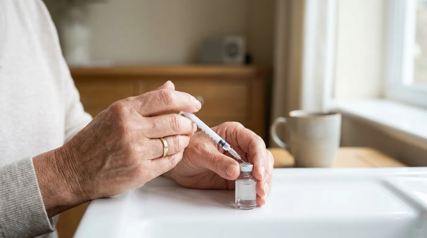 A person's hands holding a small insulin-style syringe drawing clear liquid from a small glass vial on a clean white surface.