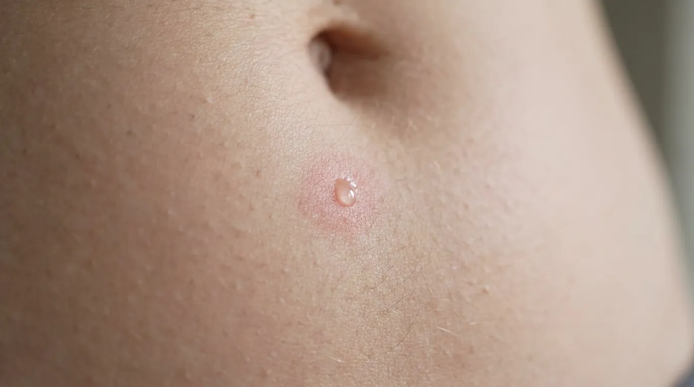 A macro close-up of a small, faint area of mild pink redness on lower-abdomen skin where a subcutaneous injection was given, in soft natural light, illustrating a typical mild injection-site reaction.