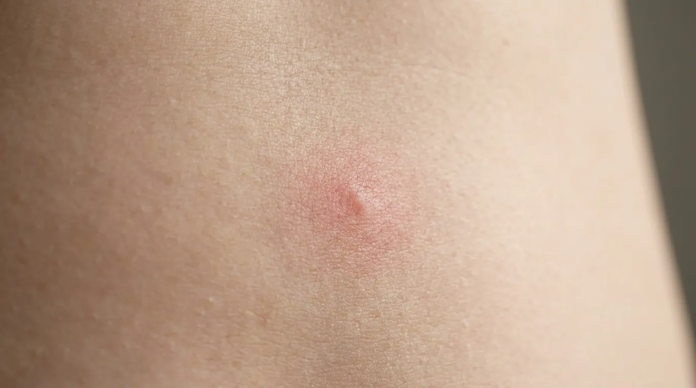 A macro close-up of a small, faint area of mild redness on lower-abdomen skin where a subcutaneous injection was given, in soft natural light, illustrating a typical mild injection-site reaction.