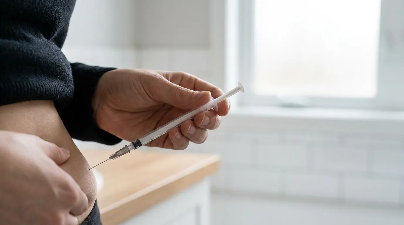 A person pinching a fold of skin on the lower abdomen and holding a thin insulin syringe at about a 45-degree angle, ready to inject, in a clean home setting.