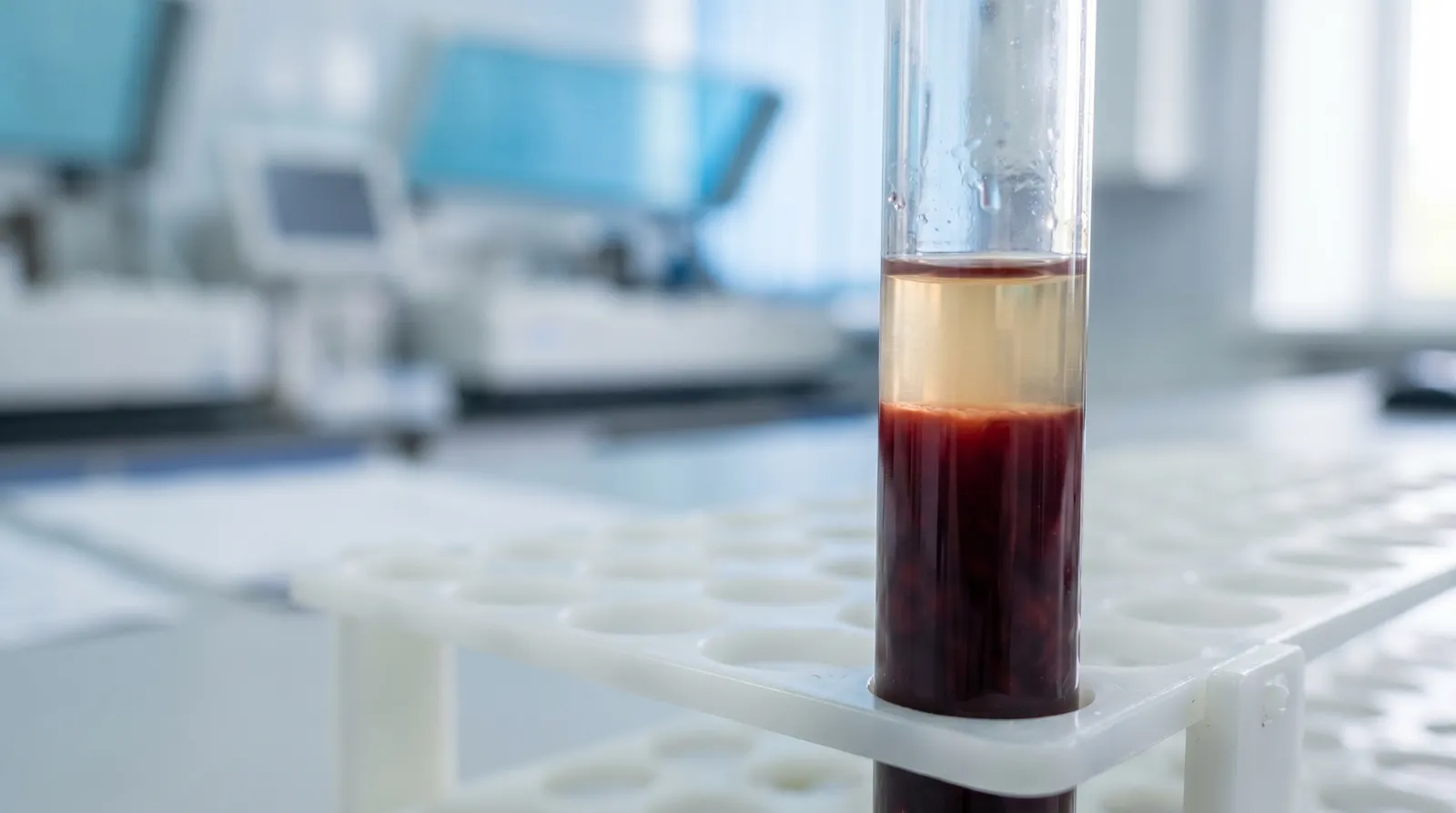 A macro photograph of a centrifuged blood collection tube in a lab rack, the sample separated into a dark red packed red-cell layer at the bottom and pale yellow plasma above, against a clean clinical background in soft blue tones.
