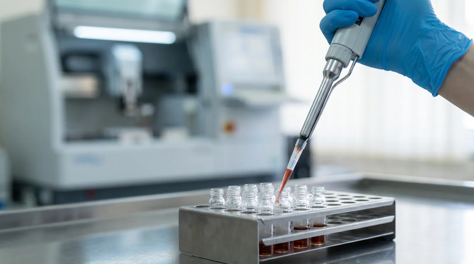 A laboratory technician's gloved hand using a precision micropipette to transfer a blood serum sample into a row of small clear glass vials in a rack, with a modern lab analyzer blurred behind on a clean clinical bench in soft cool light, illustrating the sensitive LC-MS/MS estradiol assay.