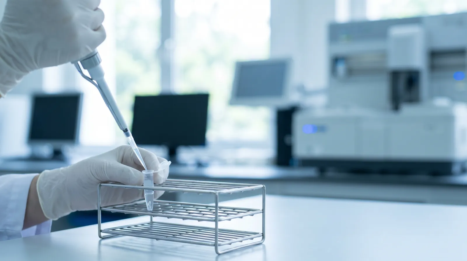 A precision pipette dispensing a clear sample into a small tube in a metal rack on a clean laboratory bench, with an analyzer instrument softly blurred behind it.