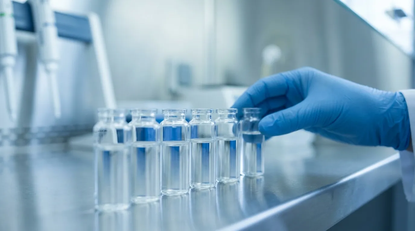 Unlabeled clear glass research vials of colorless liquid in a row on a stainless steel laboratory bench under cool lab lighting.