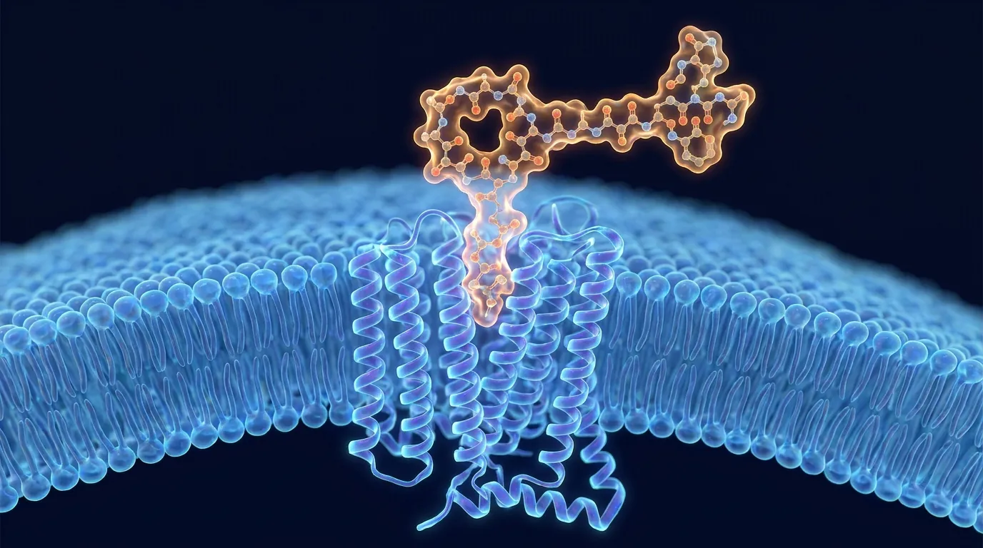 A small glowing peptide molecule shaped like a key fitting into a receptor protein embedded in a translucent blue cell membrane.