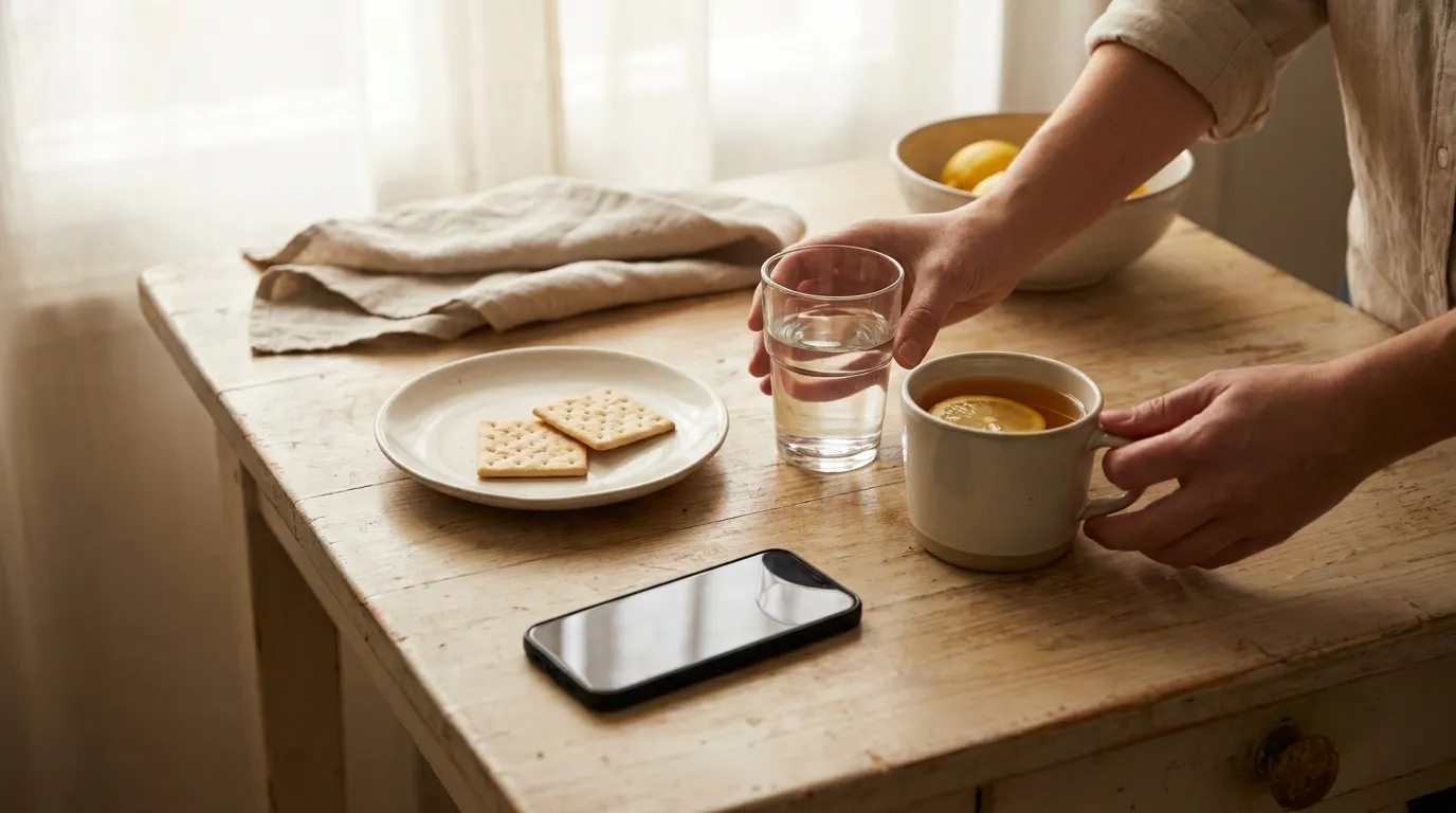 A person's hands resting a glass of water on a light wooden kitchen table next to plain crackers and ginger tea in soft morning light, suggesting calm management of mild nausea.