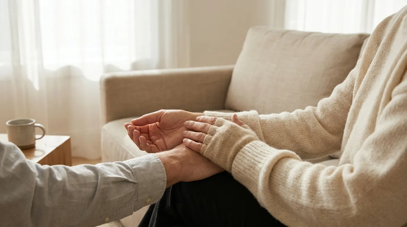 A person gently touching the skin of their forearm in soft natural light, suggesting calm attention to the mild skin-tingling (dysesthesia) sensation some users report.