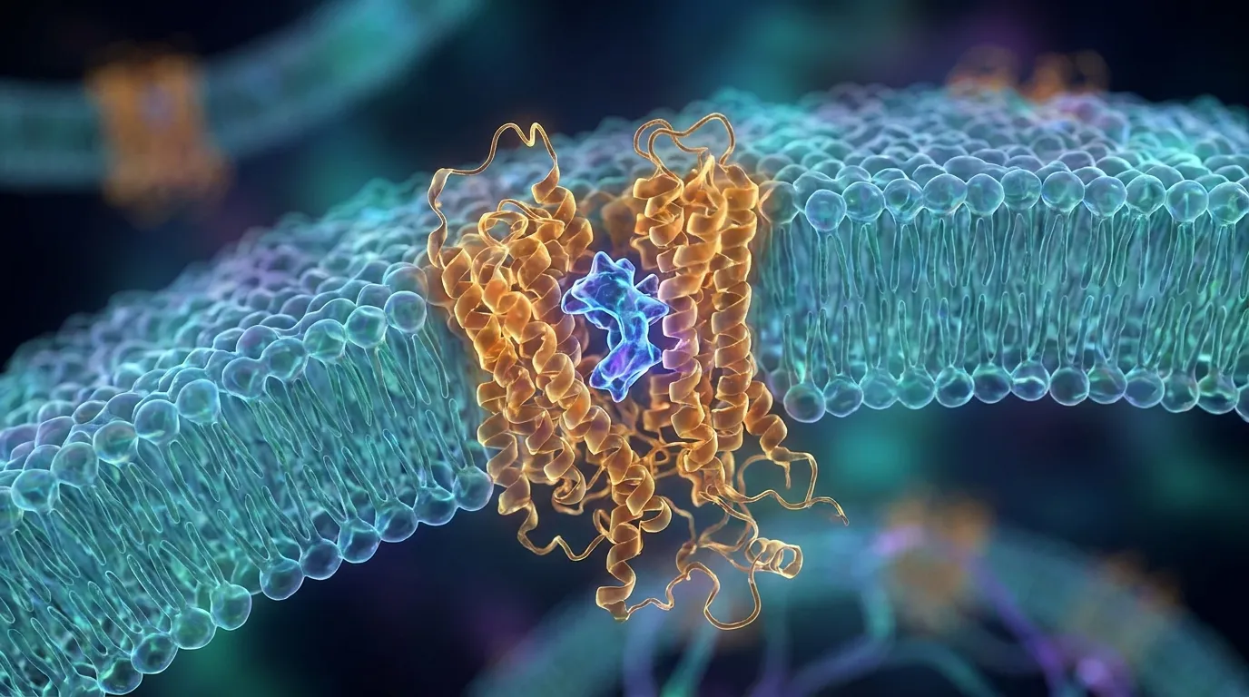 A conceptual photoreal macro render of two abstract translucent receptor structures on a cell surface, one teal and one blue, with small glowing signal particles docking into them against a soft dark clinical background, no text or logos.