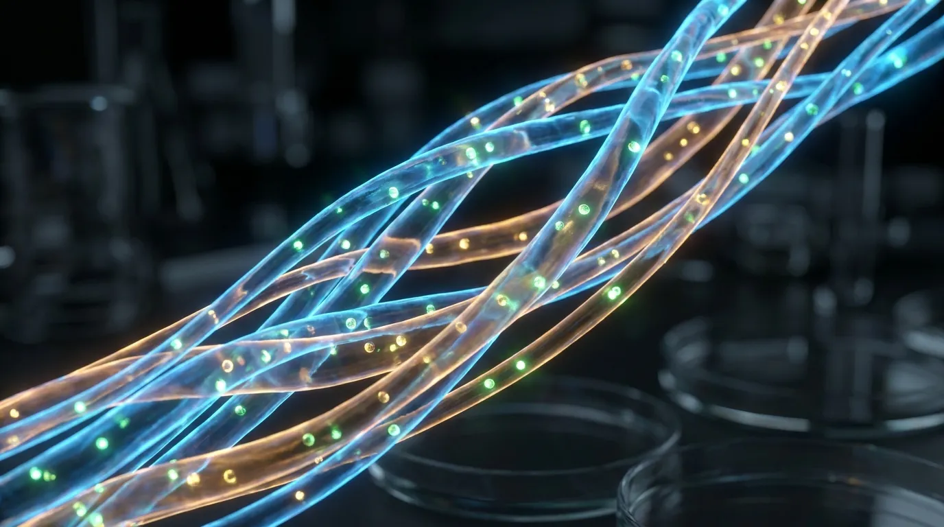 A conceptual photoreal image of skeletal muscle tissue at the cellular level with glowing translucent blue and amber muscle fibers and bright signaling points representing growth-factor receptor activation.