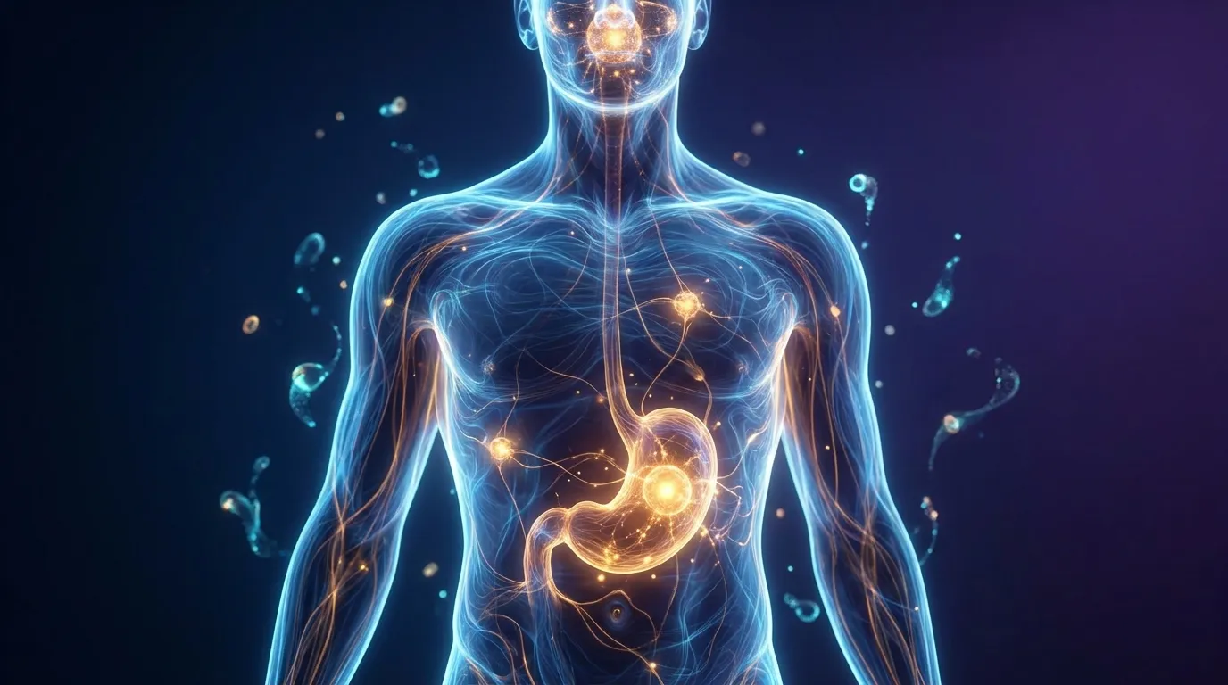 A conceptual photoreal image of a human torso rendered in translucent blue and amber light with glowing points near the stomach and brain, representing gut and metabolic hormone signaling.