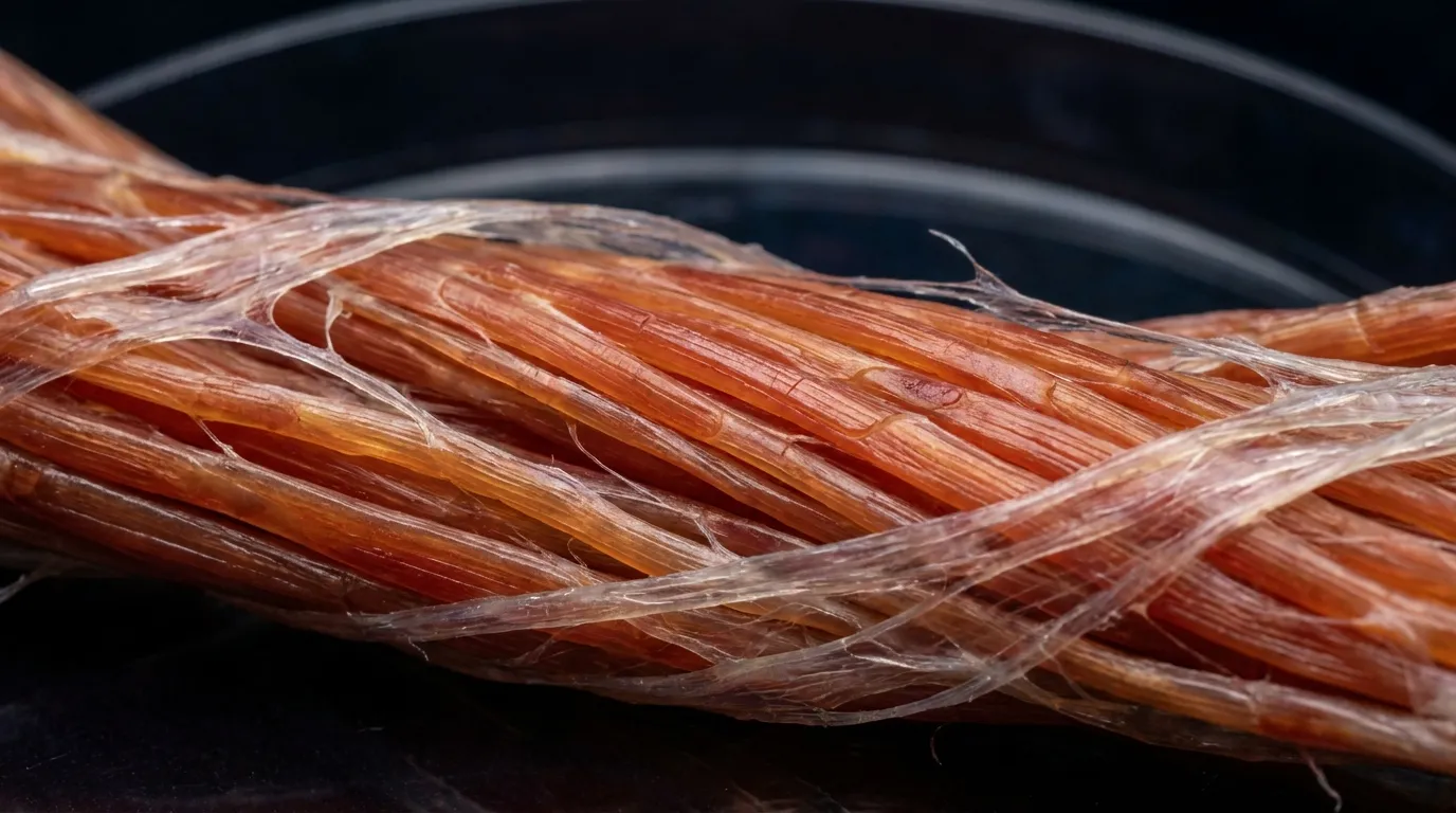 A photorealistic macro close-up of bundled skeletal muscle fibers in warm red and amber tones with fine connective tissue, lit like a scientific specimen photograph against a soft dark background.