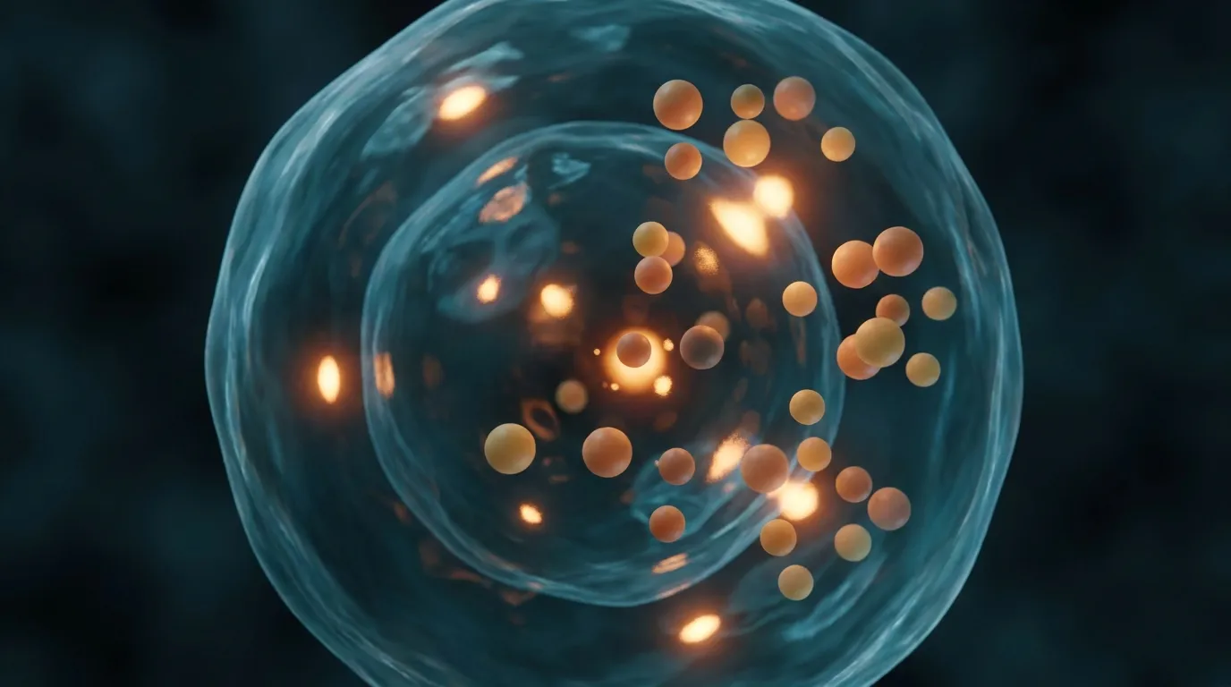 A conceptual photorealistic macro image of a translucent human skin cell in deep teal with glowing warm points of light being neutralized by a cluster of small molecules, suggesting antioxidants quenching free radicals.