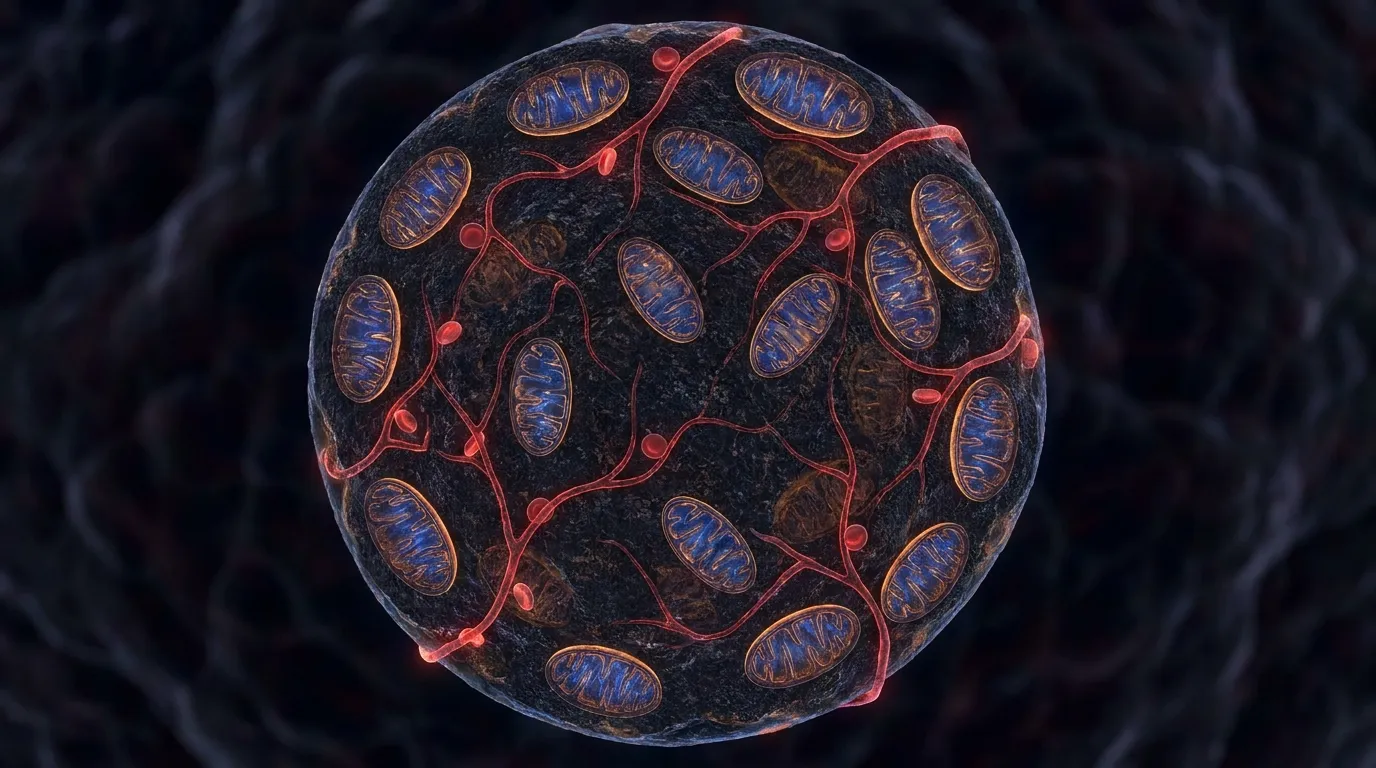 A scientific macro visualization of a muscle fiber cross-section densely packed with mitochondria and threaded with fine red capillaries, glowing organelles with cristae folds in deep blue and amber tones.
