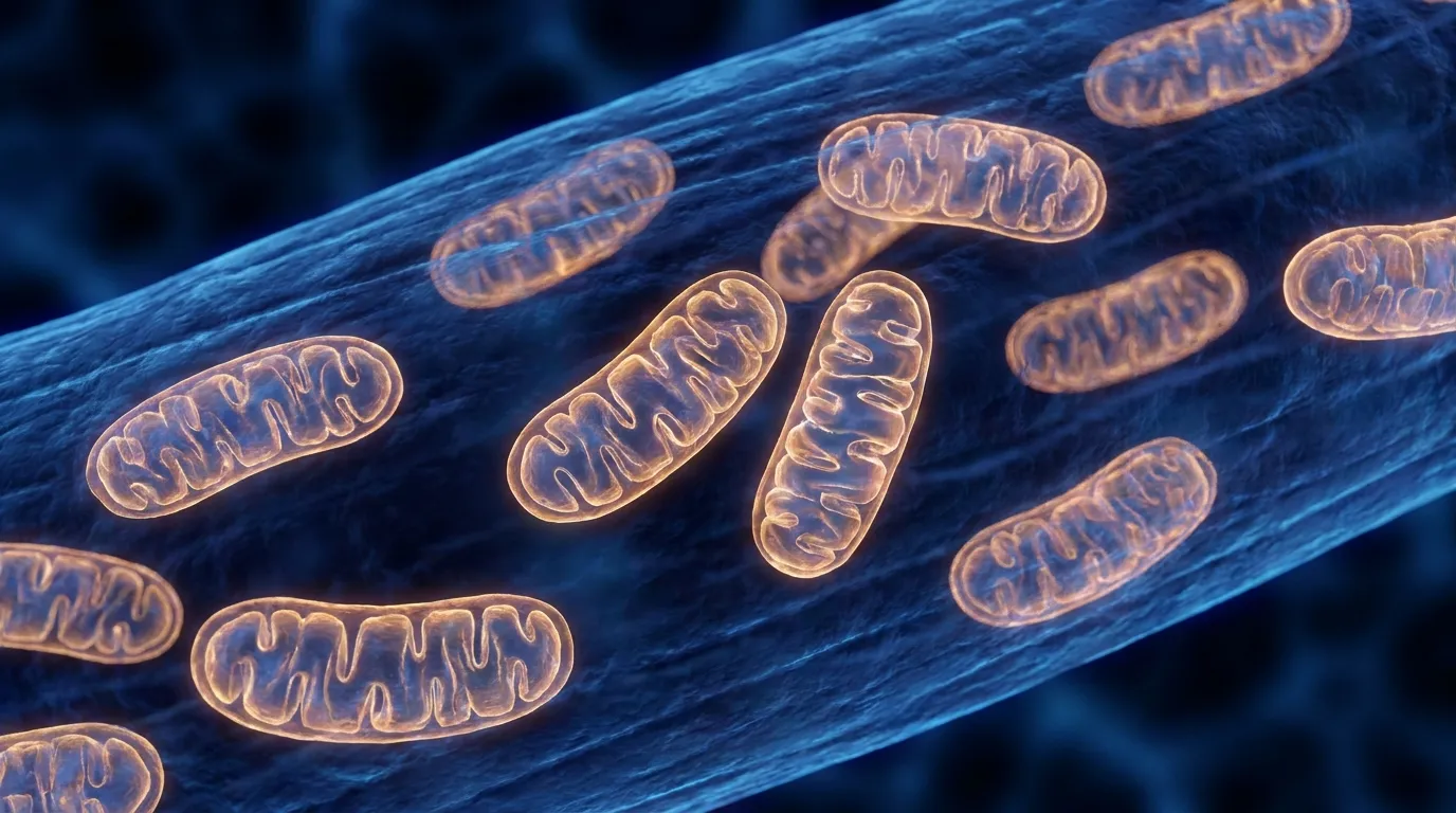 A scientific macro visualization of mitochondria inside a muscle cell, glowing energy-producing organelles with cristae folds in deep blue and amber tones.