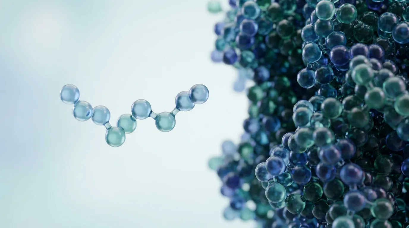 An abstract 3D image showing a short chain of a few connected molecular beads on the left, representing a peptide, beside a much larger tightly folded cluster of beads on the right, representing a protein.