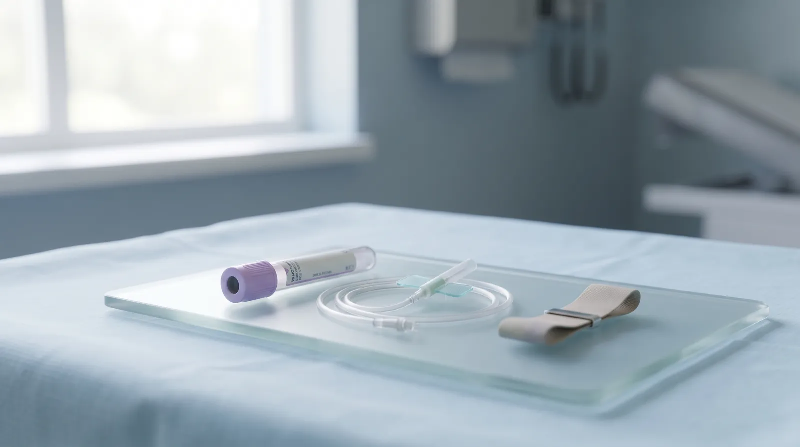An early-morning phlebotomy setup on a clean tray, with a capped blood collection tube, a butterfly needle, and a coil of tubing on a sterile surface under soft morning light.