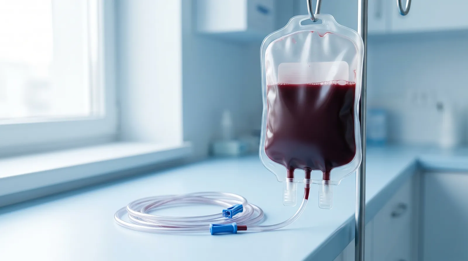 A clinical scene of a phlebotomy blood collection bag partially filled with dark red blood hanging beside coiled medical tubing on a clean surface in soft blue medical tones.