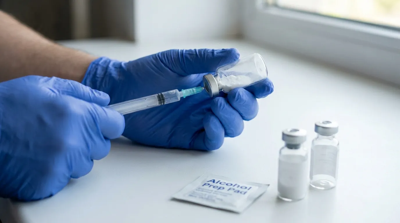 A photorealistic close-up of a gloved hand reconstituting a multi-peptide blend vial, holding a syringe of bacteriostatic water above a small clear vial of white lyophilized powder, with two unlabeled vials and an alcohol swab on a clean white surface in soft clinical light.