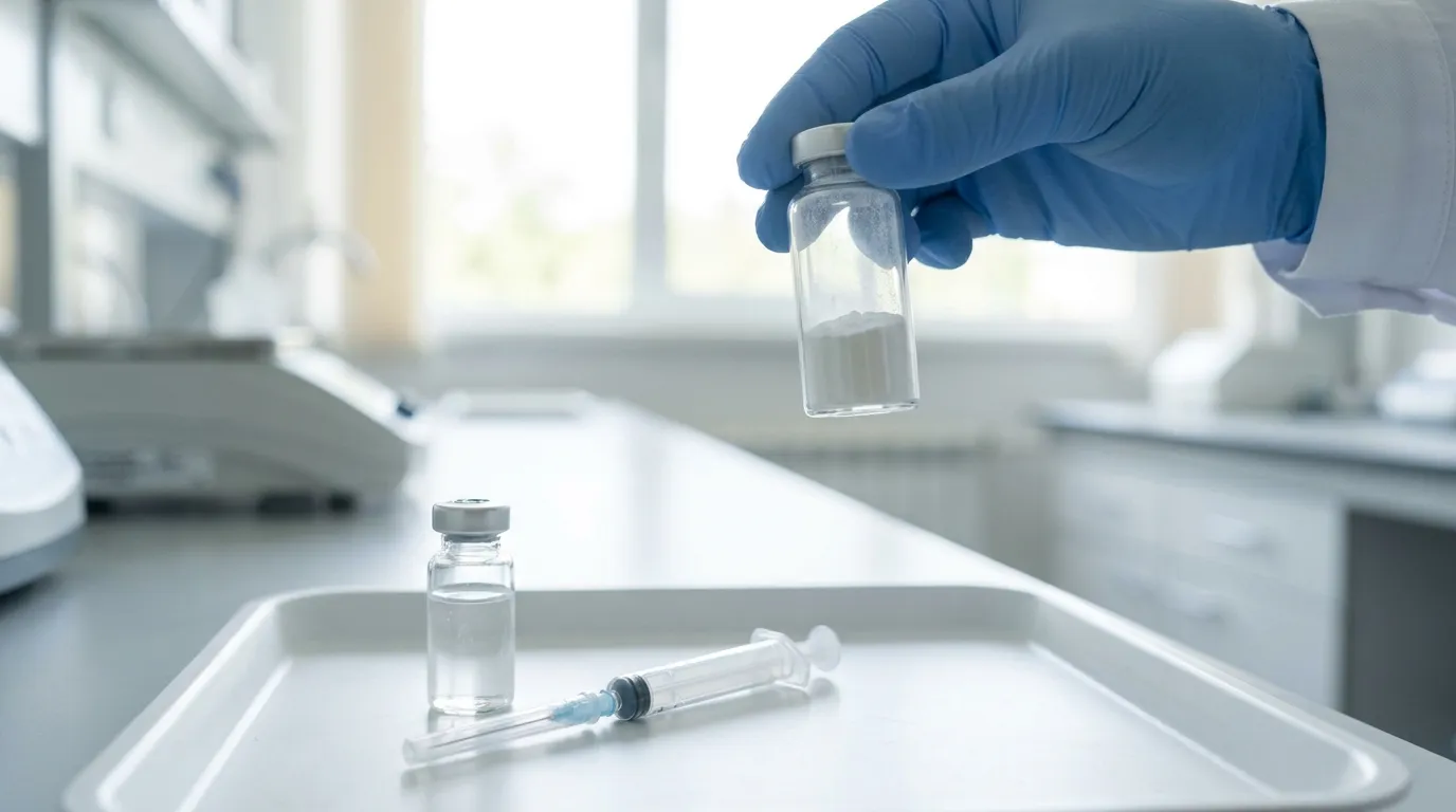 A researcher's gloved hand holding a single unlabeled glass peptide vial up to soft window light beside a reconstitution syringe and water vial on a sterile tray, no text or logos.