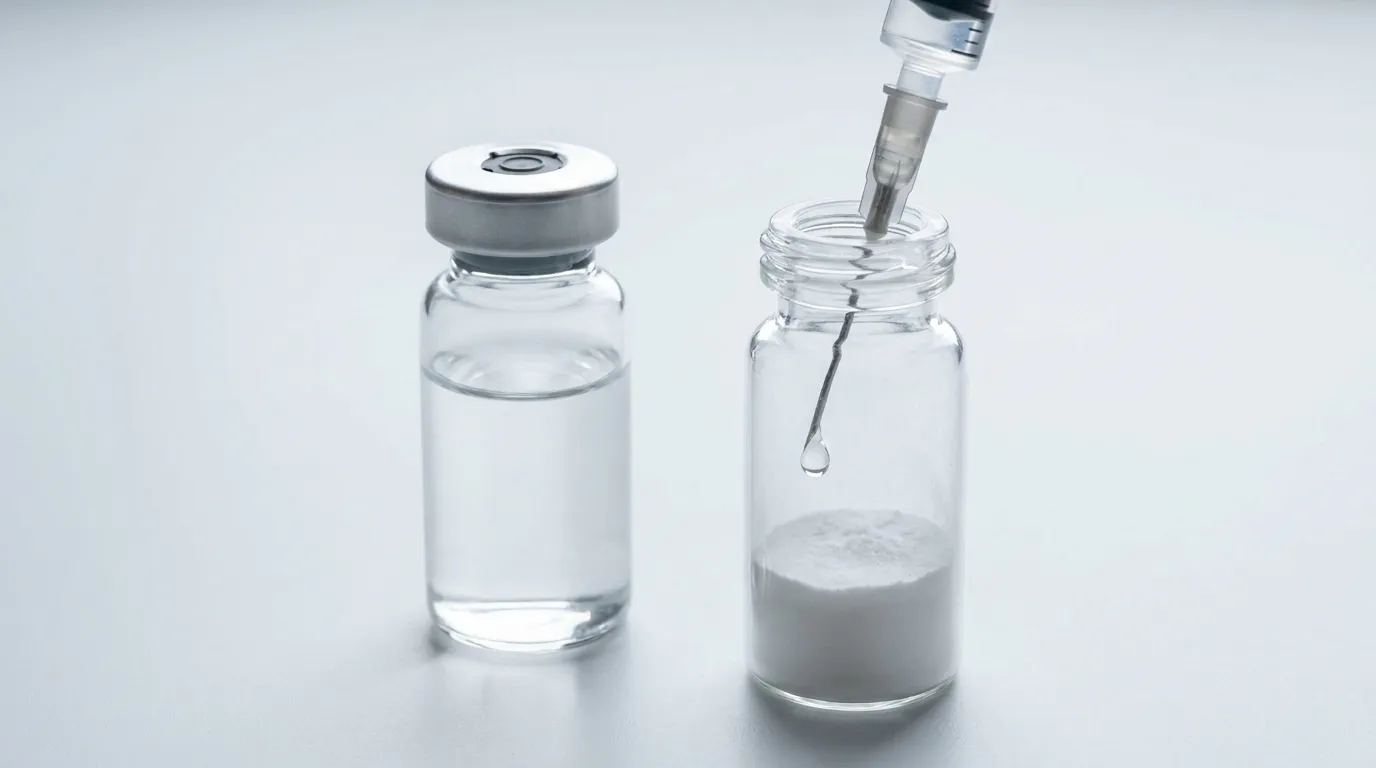 Reconstitution supplies on a clean light-grey surface: a sealed vial of clear bacteriostatic water beside a vial of white freeze-dried peptide powder, with a syringe adding liquid down the inside wall of the powder vial.
