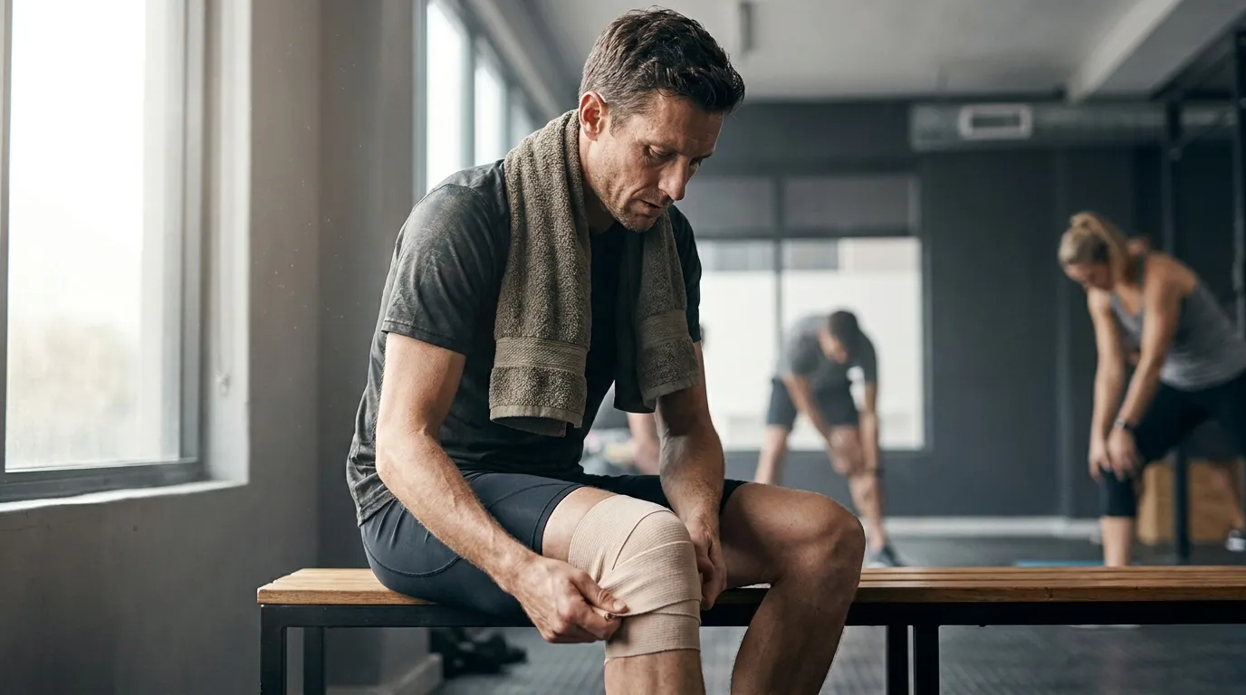 An endurance athlete recovering after training, wrapping a knee with a towel around the neck in soft natural window light.