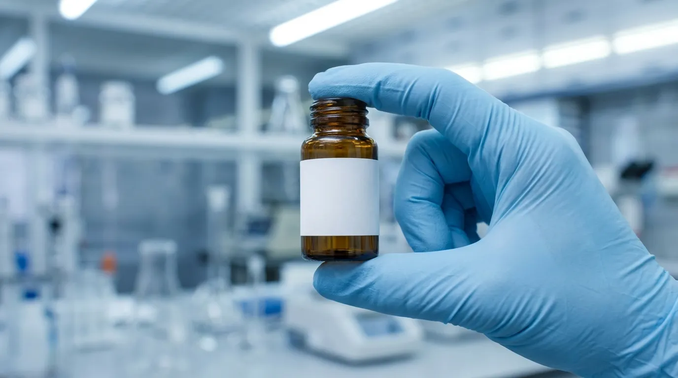 A brown amber glass research vial with a plain blank white warning-style label, held in a gloved hand inside a laboratory.