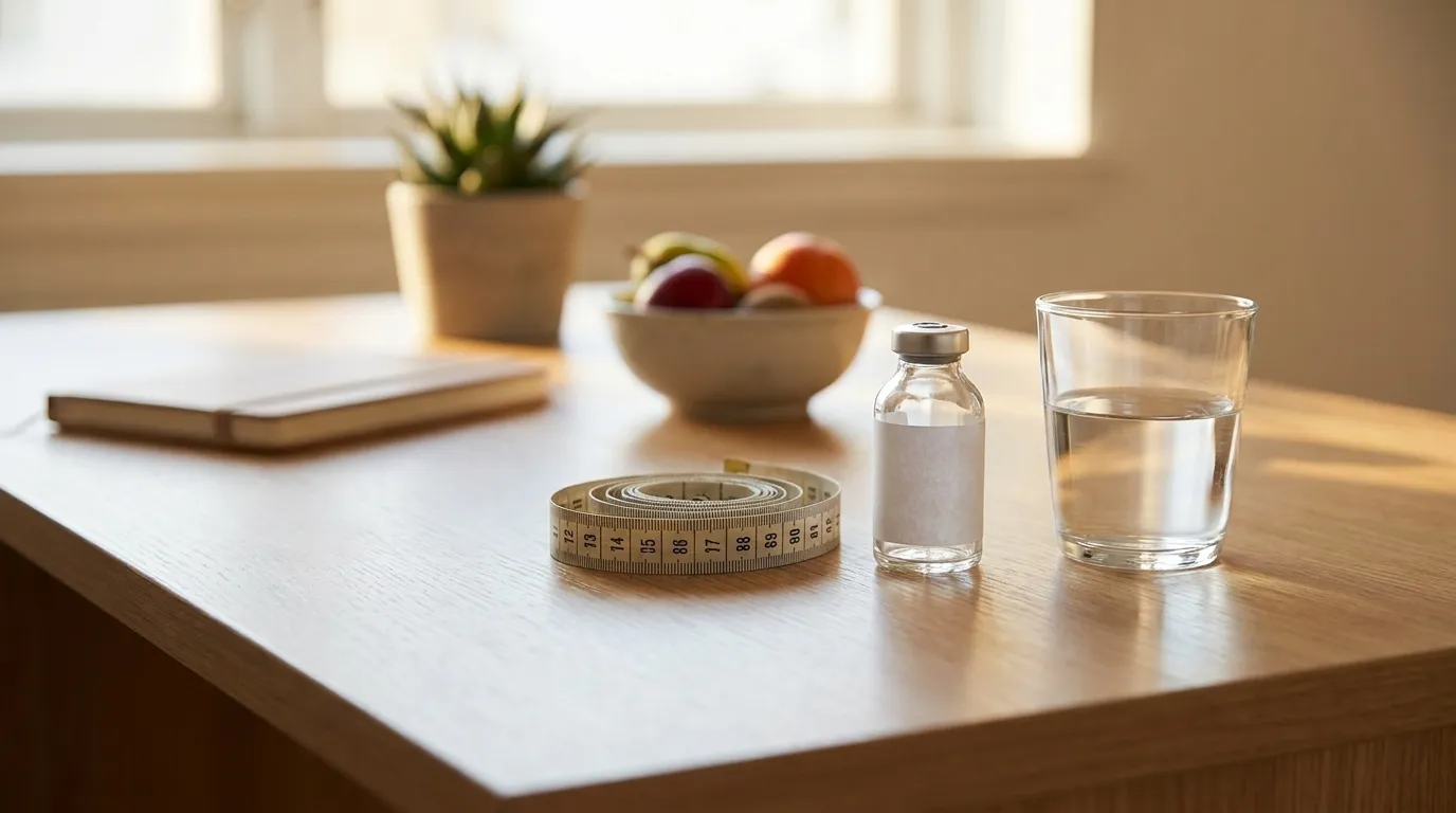 A wellness-clinic desk still life with a coiled tape measure beside an unlabeled injectable vial and a glass of water, warm natural light.