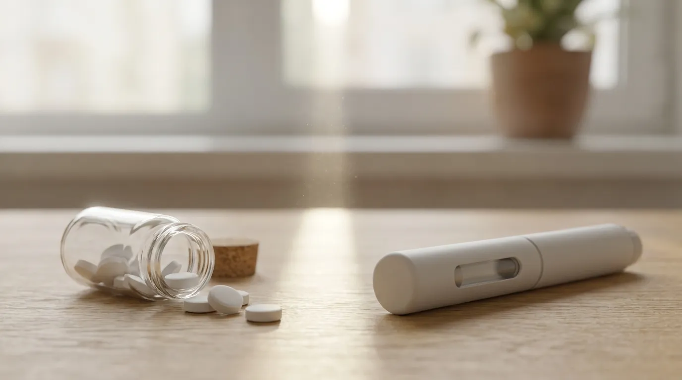 A small unmarked pill bottle with a few white tablets spilling out on the left and an unlabeled subcutaneous auto-injector pen on the right, separated by a soft shaft of daylight on a light wooden surface, no text or logos.