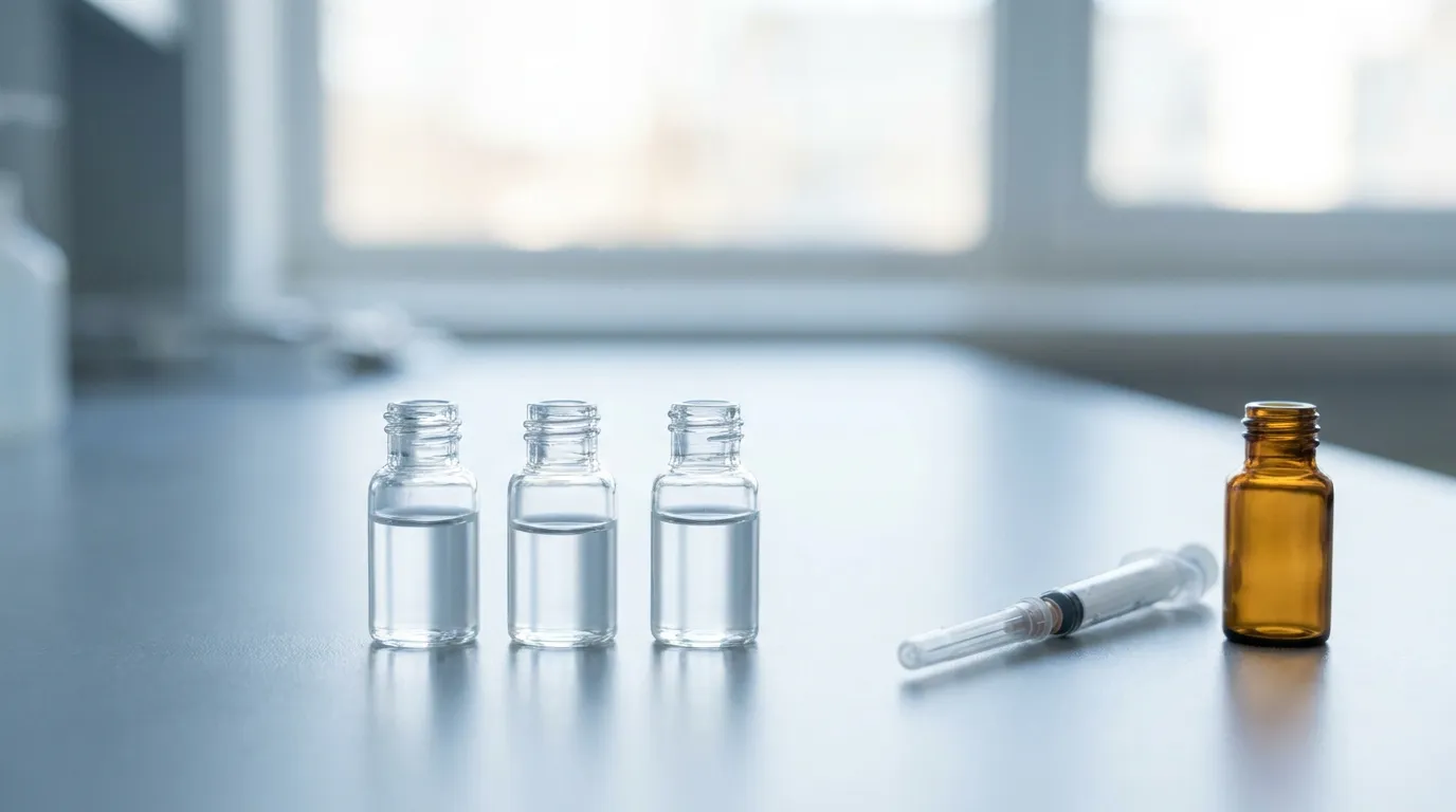 Three small unbranded clear glass vials of colorless solution arranged in a row beside a sterile fine-gauge syringe and a small amber vial on a cool-grey laboratory bench in soft studio light, representing the different NAD+ delivery routes.