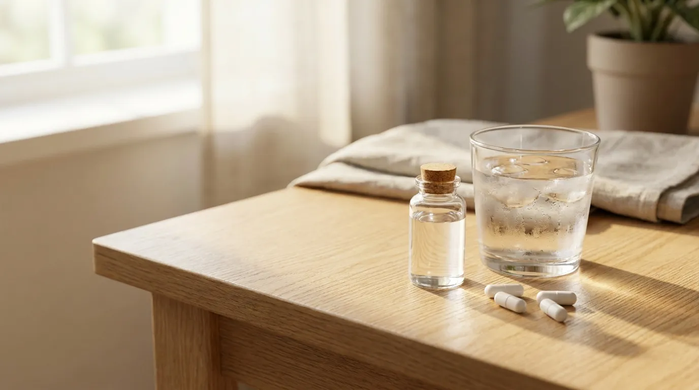 A photorealistic still life on a wellness clinic desk: a small clear glass vial of clear liquid beside a glass of water and a few unbranded white capsules on a light wooden surface in warm natural morning light.