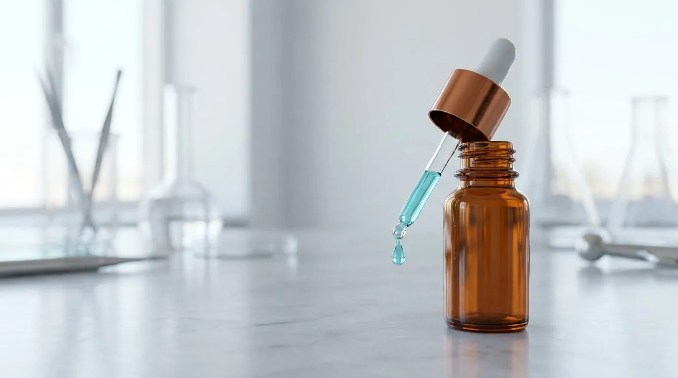 A single copper-tinged cosmetic serum vial with a glass dropper releasing a turquoise-blue droplet on a polished light stone surface in a clean clinical lab, soft daylight, no text or logos.