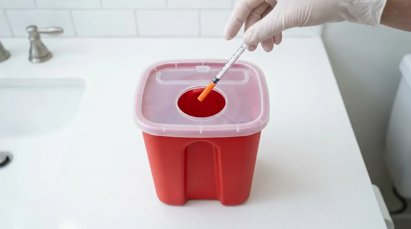 A used insulin syringe being dropped through the lid slot of a bright red, puncture-resistant sharps disposal container on a clean bathroom counter.